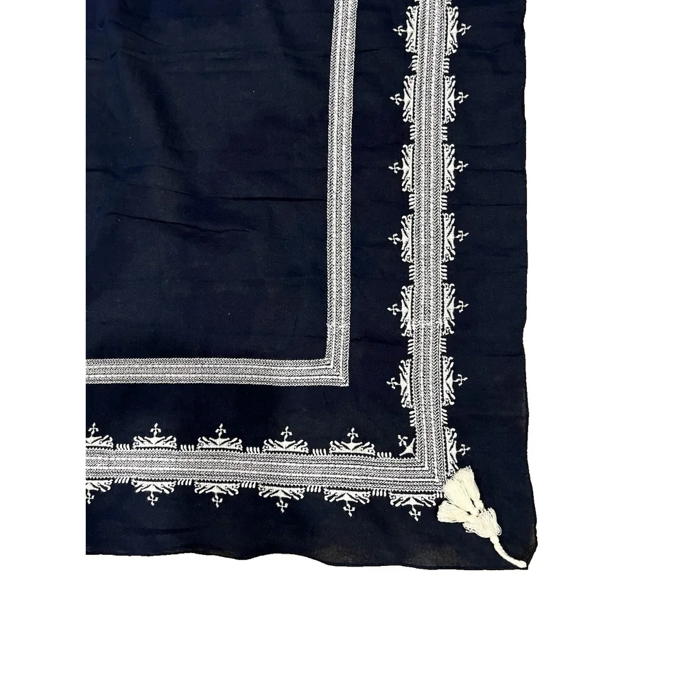 J .Crew Scarf Navy blue Embroidered cotton square Wrap Scarf Fringe Sz 19”x20